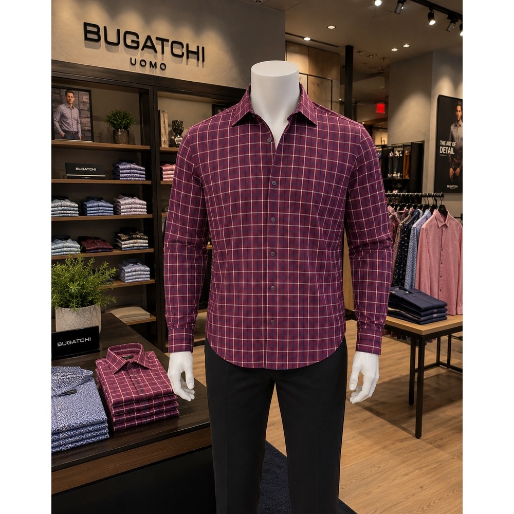 BUGATCHI 100% Cotton Shaped Fit Plaid Button-Up Shirt | Men's Small